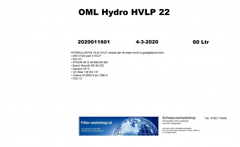 Privat Label Hydraulische olie HVLP 22  drum 60 liter