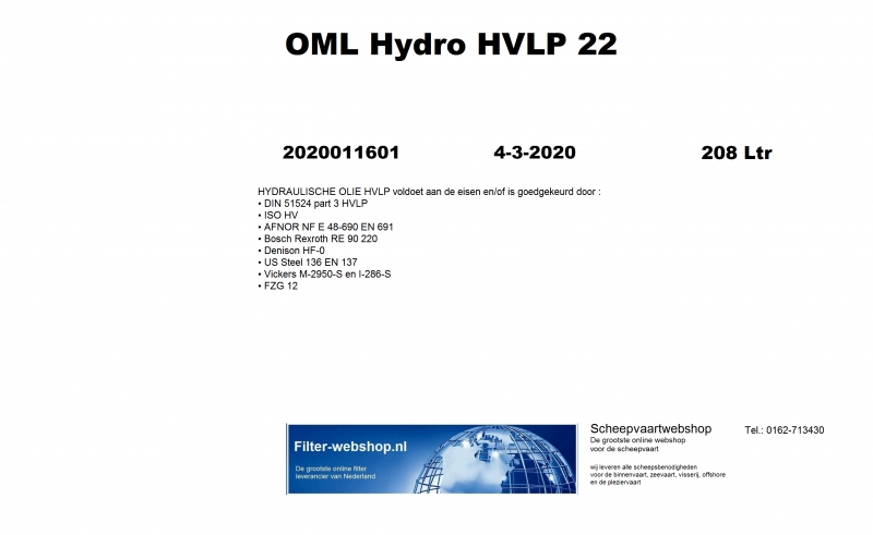 Privat Label Hydraulische olie HVLP 22  vat 208 liter