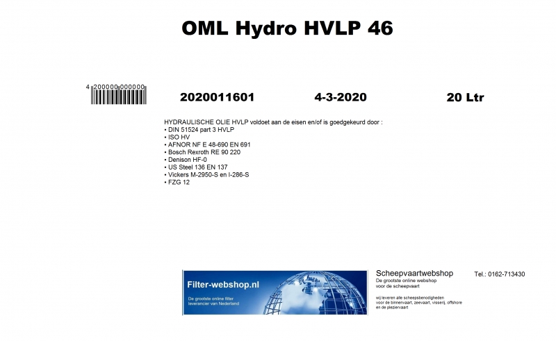 Privat Label Hydraulische olie HVLP 46  can 20 liter
